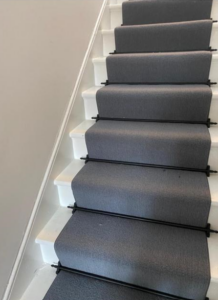 Grey Wool Natural Loop Carpet with American Binding Black Stairrods with acorn genial